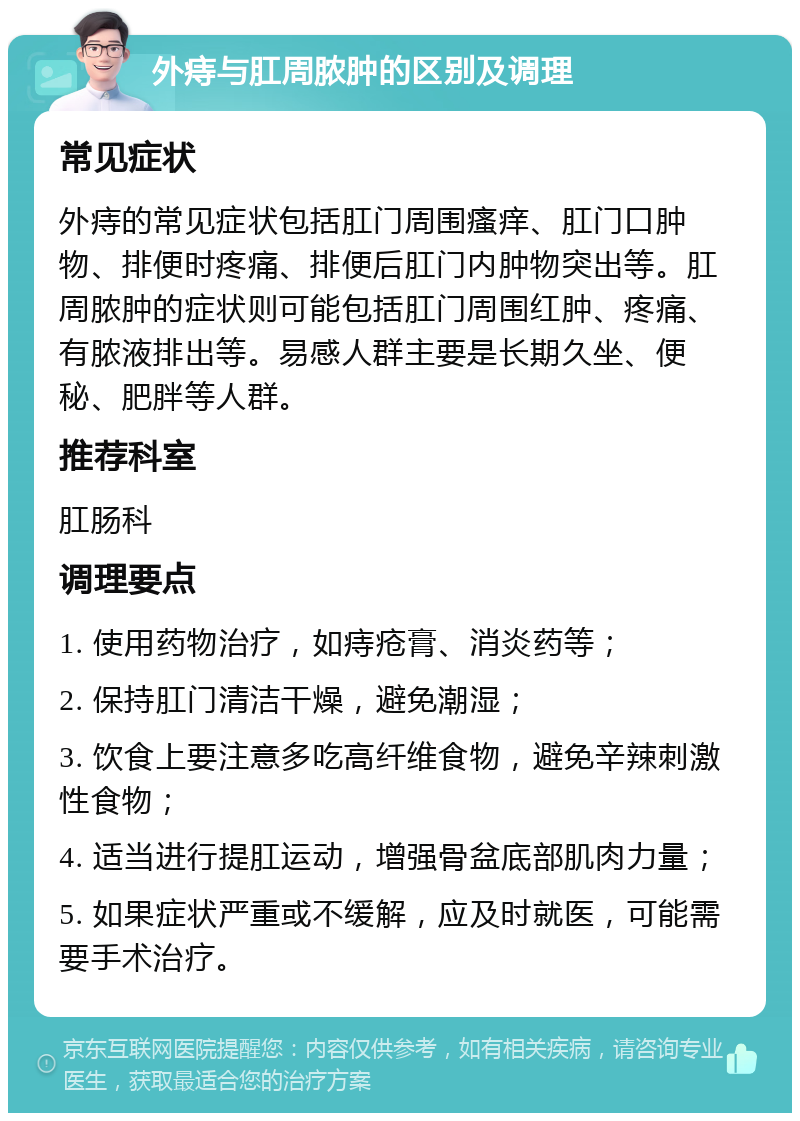 外痔与肛周脓肿的区别及调理 常见症状 外痔的常见症状包括肛门周围瘙痒、肛门口肿物、排便时疼痛、排便后肛门内肿物突出等。肛周脓肿的症状则可能包括肛门周围红肿、疼痛、有脓液排出等。易感人群主要是长期久坐、便秘、肥胖等人群。 推荐科室 肛肠科 调理要点 1. 使用药物治疗，如痔疮膏、消炎药等； 2. 保持肛门清洁干燥，避免潮湿； 3. 饮食上要注意多吃高纤维食物，避免辛辣刺激性食物； 4. 适当进行提肛运动，增强骨盆底部肌肉力量； 5. 如果症状严重或不缓解，应及时就医，可能需要手术治疗。