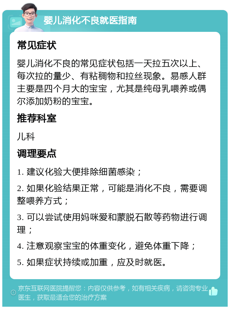 婴儿消化不良就医指南 常见症状 婴儿消化不良的常见症状包括一天拉五次以上、每次拉的量少、有粘稠物和拉丝现象。易感人群主要是四个月大的宝宝，尤其是纯母乳喂养或偶尔添加奶粉的宝宝。 推荐科室 儿科 调理要点 1. 建议化验大便排除细菌感染； 2. 如果化验结果正常，可能是消化不良，需要调整喂养方式； 3. 可以尝试使用妈咪爱和蒙脱石散等药物进行调理； 4. 注意观察宝宝的体重变化，避免体重下降； 5. 如果症状持续或加重，应及时就医。