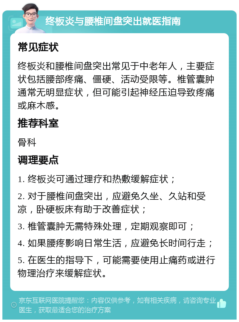 终板炎与腰椎间盘突出就医指南 常见症状 终板炎和腰椎间盘突出常见于中老年人，主要症状包括腰部疼痛、僵硬、活动受限等。椎管囊肿通常无明显症状，但可能引起神经压迫导致疼痛或麻木感。 推荐科室 骨科 调理要点 1. 终板炎可通过理疗和热敷缓解症状； 2. 对于腰椎间盘突出，应避免久坐、久站和受凉，卧硬板床有助于改善症状； 3. 椎管囊肿无需特殊处理，定期观察即可； 4. 如果腰疼影响日常生活，应避免长时间行走； 5. 在医生的指导下，可能需要使用止痛药或进行物理治疗来缓解症状。