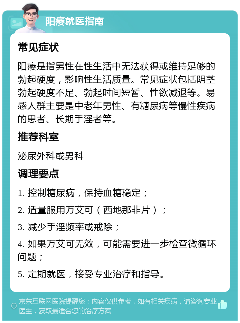 阳痿就医指南 常见症状 阳痿是指男性在性生活中无法获得或维持足够的勃起硬度，影响性生活质量。常见症状包括阴茎勃起硬度不足、勃起时间短暂、性欲减退等。易感人群主要是中老年男性、有糖尿病等慢性疾病的患者、长期手淫者等。 推荐科室 泌尿外科或男科 调理要点 1. 控制糖尿病，保持血糖稳定； 2. 适量服用万艾可（西地那非片）； 3. 减少手淫频率或戒除； 4. 如果万艾可无效，可能需要进一步检查微循环问题； 5. 定期就医，接受专业治疗和指导。