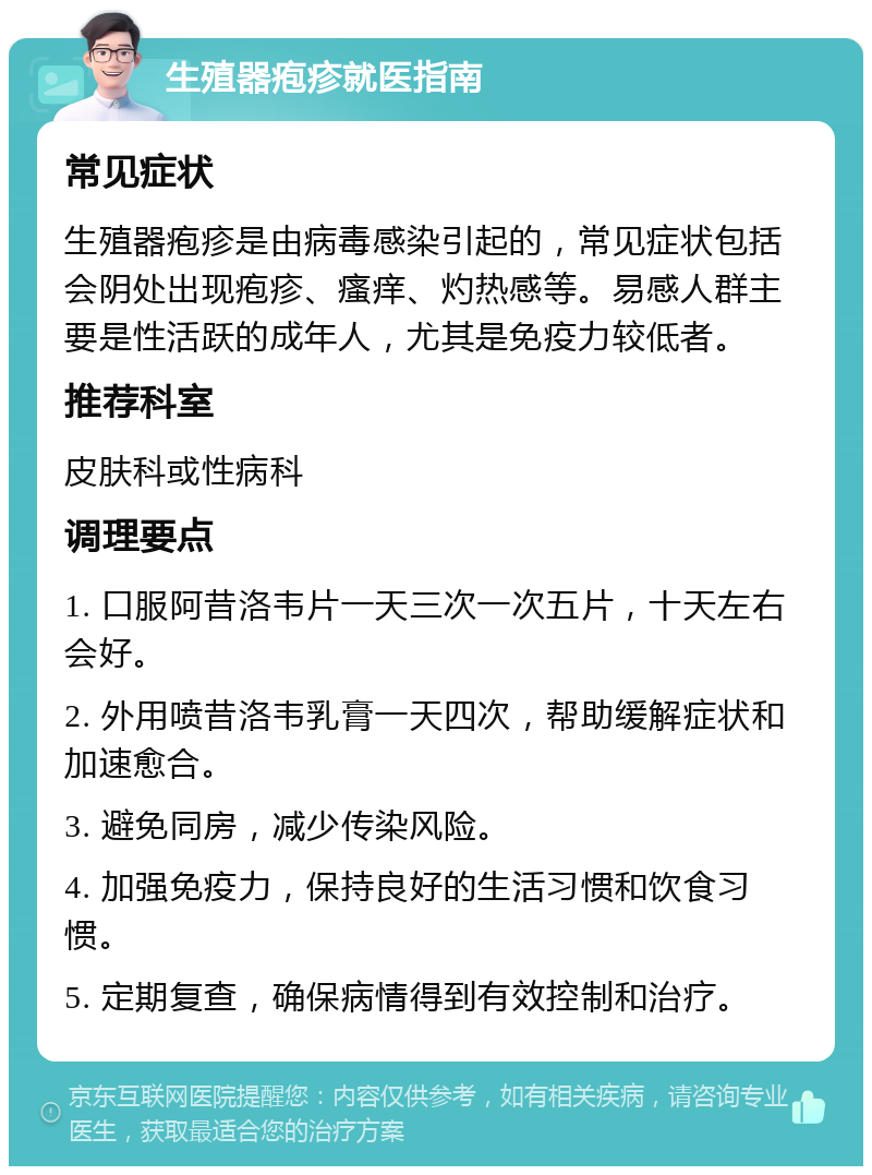 生殖器疱疹就医指南 常见症状 生殖器疱疹是由病毒感染引起的，常见症状包括会阴处出现疱疹、瘙痒、灼热感等。易感人群主要是性活跃的成年人，尤其是免疫力较低者。 推荐科室 皮肤科或性病科 调理要点 1. 口服阿昔洛韦片一天三次一次五片，十天左右会好。 2. 外用喷昔洛韦乳膏一天四次，帮助缓解症状和加速愈合。 3. 避免同房，减少传染风险。 4. 加强免疫力，保持良好的生活习惯和饮食习惯。 5. 定期复查，确保病情得到有效控制和治疗。