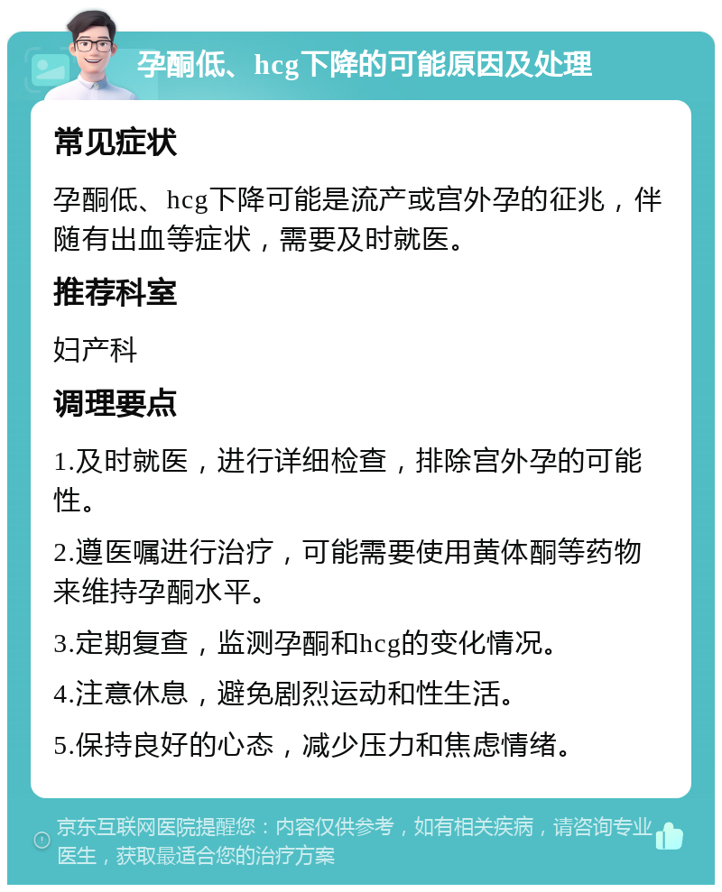 孕酮低、hcg下降的可能原因及处理 常见症状 孕酮低、hcg下降可能是流产或宫外孕的征兆，伴随有出血等症状，需要及时就医。 推荐科室 妇产科 调理要点 1.及时就医，进行详细检查，排除宫外孕的可能性。 2.遵医嘱进行治疗，可能需要使用黄体酮等药物来维持孕酮水平。 3.定期复查，监测孕酮和hcg的变化情况。 4.注意休息，避免剧烈运动和性生活。 5.保持良好的心态，减少压力和焦虑情绪。