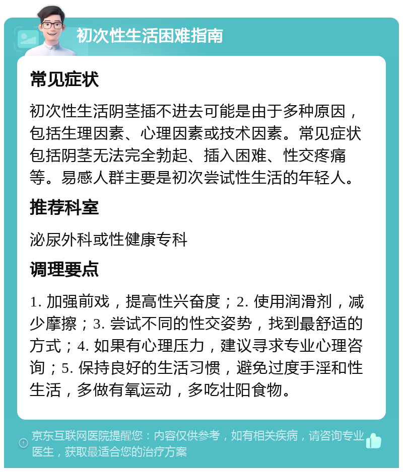 初次性生活困难指南 常见症状 初次性生活阴茎插不进去可能是由于多种原因，包括生理因素、心理因素或技术因素。常见症状包括阴茎无法完全勃起、插入困难、性交疼痛等。易感人群主要是初次尝试性生活的年轻人。 推荐科室 泌尿外科或性健康专科 调理要点 1. 加强前戏，提高性兴奋度；2. 使用润滑剂，减少摩擦；3. 尝试不同的性交姿势，找到最舒适的方式；4. 如果有心理压力，建议寻求专业心理咨询；5. 保持良好的生活习惯，避免过度手淫和性生活，多做有氧运动，多吃壮阳食物。