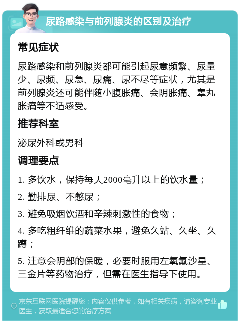 尿路感染与前列腺炎的区别及治疗 常见症状 尿路感染和前列腺炎都可能引起尿意频繁、尿量少、尿频、尿急、尿痛、尿不尽等症状，尤其是前列腺炎还可能伴随小腹胀痛、会阴胀痛、睾丸胀痛等不适感受。 推荐科室 泌尿外科或男科 调理要点 1. 多饮水，保持每天2000毫升以上的饮水量； 2. 勤排尿、不憋尿； 3. 避免吸烟饮酒和辛辣刺激性的食物； 4. 多吃粗纤维的蔬菜水果，避免久站、久坐、久蹲； 5. 注意会阴部的保暖，必要时服用左氧氟沙星、三金片等药物治疗，但需在医生指导下使用。