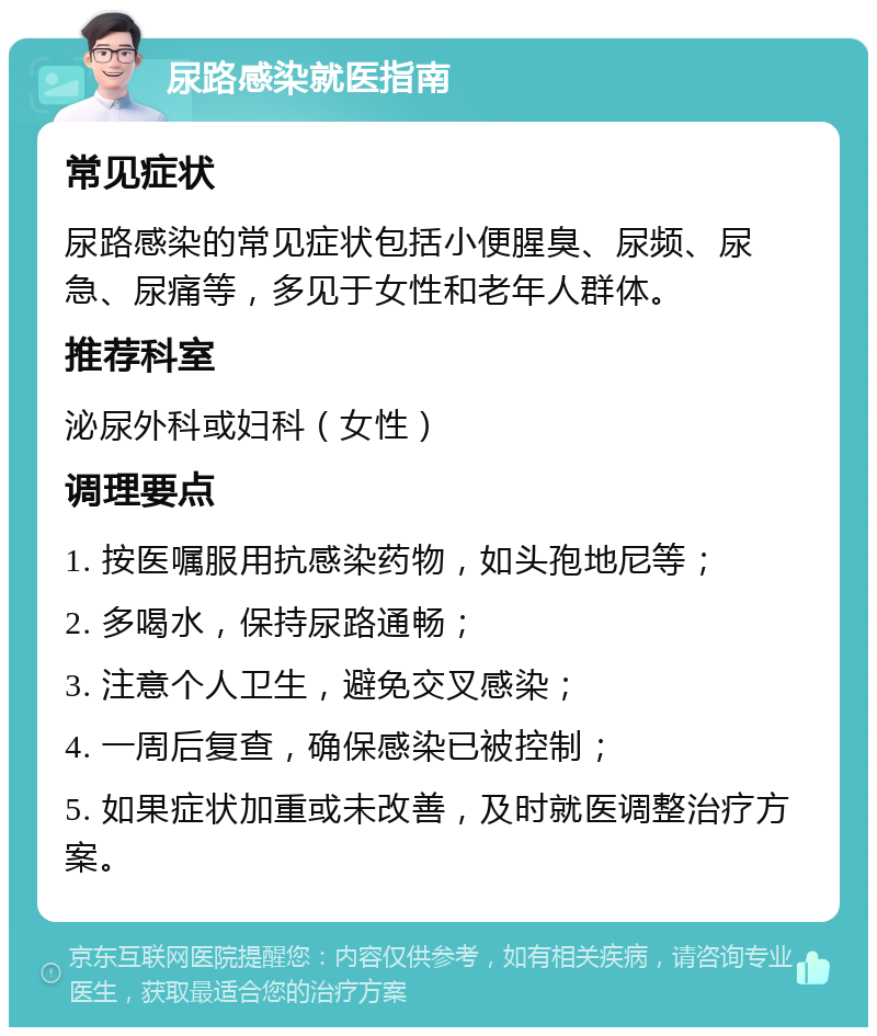 尿路感染就医指南 常见症状 尿路感染的常见症状包括小便腥臭、尿频、尿急、尿痛等，多见于女性和老年人群体。 推荐科室 泌尿外科或妇科（女性） 调理要点 1. 按医嘱服用抗感染药物，如头孢地尼等； 2. 多喝水，保持尿路通畅； 3. 注意个人卫生，避免交叉感染； 4. 一周后复查，确保感染已被控制； 5. 如果症状加重或未改善，及时就医调整治疗方案。