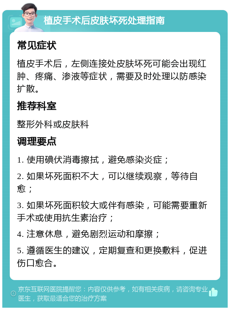 植皮手术后皮肤坏死处理指南 常见症状 植皮手术后，左侧连接处皮肤坏死可能会出现红肿、疼痛、渗液等症状，需要及时处理以防感染扩散。 推荐科室 整形外科或皮肤科 调理要点 1. 使用碘伏消毒擦拭，避免感染炎症； 2. 如果坏死面积不大，可以继续观察，等待自愈； 3. 如果坏死面积较大或伴有感染，可能需要重新手术或使用抗生素治疗； 4. 注意休息，避免剧烈运动和摩擦； 5. 遵循医生的建议，定期复查和更换敷料，促进伤口愈合。