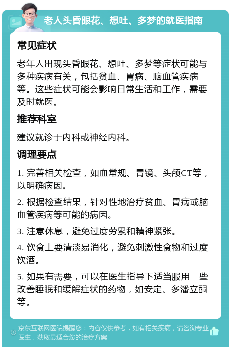 老人头昏眼花、想吐、多梦的就医指南 常见症状 老年人出现头昏眼花、想吐、多梦等症状可能与多种疾病有关，包括贫血、胃病、脑血管疾病等。这些症状可能会影响日常生活和工作，需要及时就医。 推荐科室 建议就诊于内科或神经内科。 调理要点 1. 完善相关检查，如血常规、胃镜、头颅CT等，以明确病因。 2. 根据检查结果，针对性地治疗贫血、胃病或脑血管疾病等可能的病因。 3. 注意休息，避免过度劳累和精神紧张。 4. 饮食上要清淡易消化，避免刺激性食物和过度饮酒。 5. 如果有需要，可以在医生指导下适当服用一些改善睡眠和缓解症状的药物，如安定、多潘立酮等。