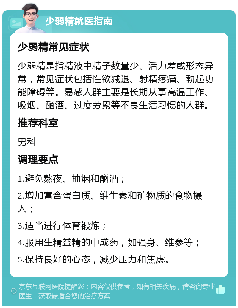 少弱精就医指南 少弱精常见症状 少弱精是指精液中精子数量少、活力差或形态异常，常见症状包括性欲减退、射精疼痛、勃起功能障碍等。易感人群主要是长期从事高温工作、吸烟、酗酒、过度劳累等不良生活习惯的人群。 推荐科室 男科 调理要点 1.避免熬夜、抽烟和酗酒； 2.增加富含蛋白质、维生素和矿物质的食物摄入； 3.适当进行体育锻炼； 4.服用生精益精的中成药，如强身、维参等； 5.保持良好的心态，减少压力和焦虑。