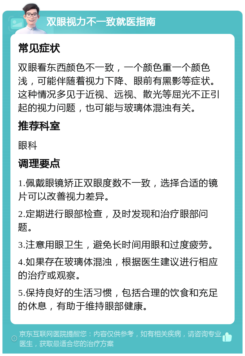 双眼视力不一致就医指南 常见症状 双眼看东西颜色不一致，一个颜色重一个颜色浅，可能伴随着视力下降、眼前有黑影等症状。这种情况多见于近视、远视、散光等屈光不正引起的视力问题，也可能与玻璃体混浊有关。 推荐科室 眼科 调理要点 1.佩戴眼镜矫正双眼度数不一致，选择合适的镜片可以改善视力差异。 2.定期进行眼部检查，及时发现和治疗眼部问题。 3.注意用眼卫生，避免长时间用眼和过度疲劳。 4.如果存在玻璃体混浊，根据医生建议进行相应的治疗或观察。 5.保持良好的生活习惯，包括合理的饮食和充足的休息，有助于维持眼部健康。