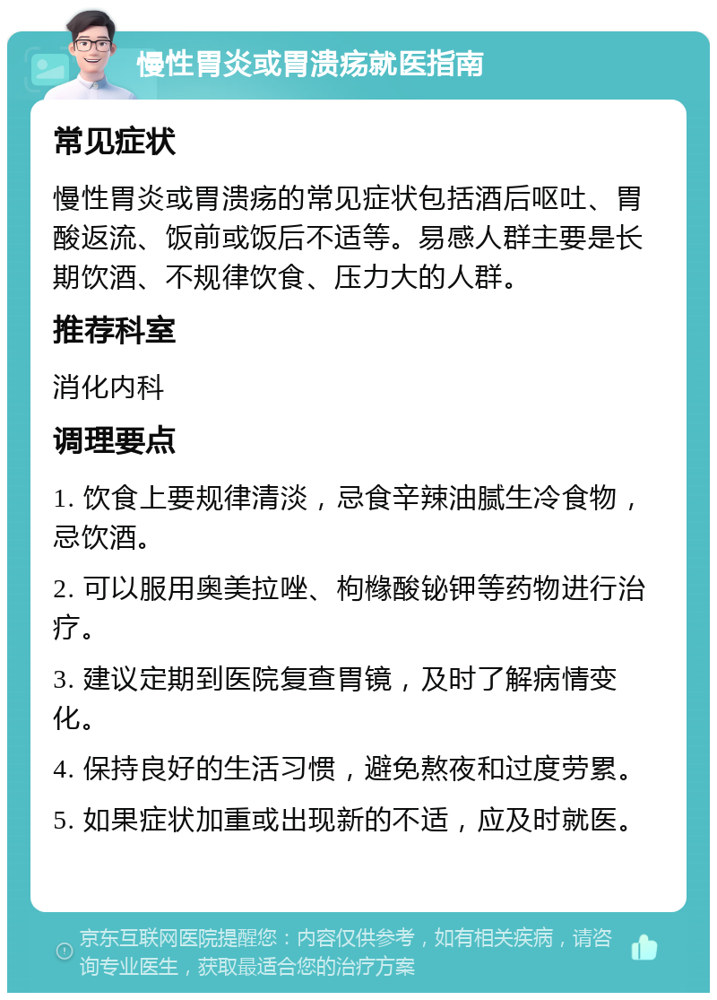 慢性胃炎或胃溃疡就医指南 常见症状 慢性胃炎或胃溃疡的常见症状包括酒后呕吐、胃酸返流、饭前或饭后不适等。易感人群主要是长期饮酒、不规律饮食、压力大的人群。 推荐科室 消化内科 调理要点 1. 饮食上要规律清淡，忌食辛辣油腻生冷食物，忌饮酒。 2. 可以服用奥美拉唑、枸橼酸铋钾等药物进行治疗。 3. 建议定期到医院复查胃镜，及时了解病情变化。 4. 保持良好的生活习惯，避免熬夜和过度劳累。 5. 如果症状加重或出现新的不适，应及时就医。