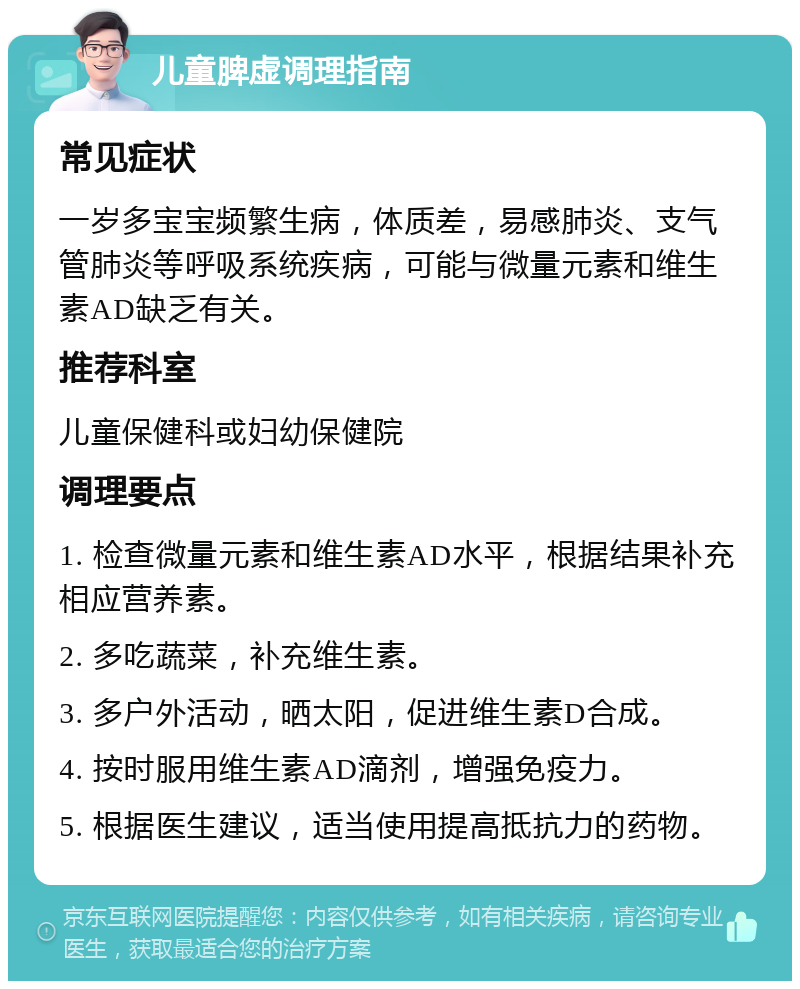 儿童脾虚调理指南 常见症状 一岁多宝宝频繁生病，体质差，易感肺炎、支气管肺炎等呼吸系统疾病，可能与微量元素和维生素AD缺乏有关。 推荐科室 儿童保健科或妇幼保健院 调理要点 1. 检查微量元素和维生素AD水平，根据结果补充相应营养素。 2. 多吃蔬菜，补充维生素。 3. 多户外活动，晒太阳，促进维生素D合成。 4. 按时服用维生素AD滴剂，增强免疫力。 5. 根据医生建议，适当使用提高抵抗力的药物。