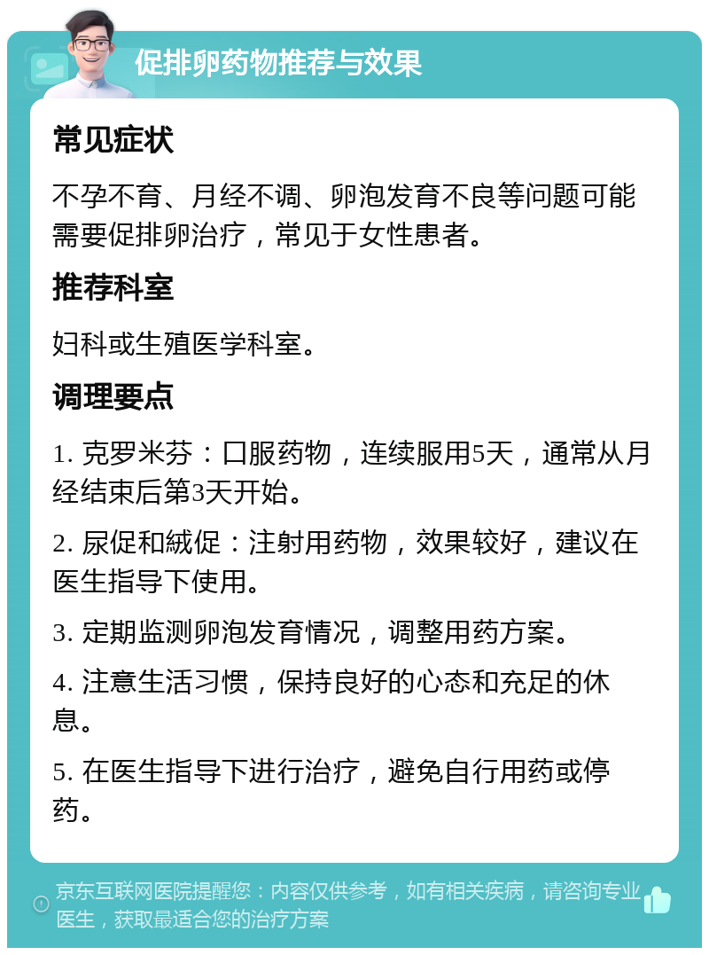 促排卵药物推荐与效果 常见症状 不孕不育、月经不调、卵泡发育不良等问题可能需要促排卵治疗，常见于女性患者。 推荐科室 妇科或生殖医学科室。 调理要点 1. 克罗米芬：口服药物，连续服用5天，通常从月经结束后第3天开始。 2. 尿促和絨促：注射用药物，效果较好，建议在医生指导下使用。 3. 定期监测卵泡发育情况，调整用药方案。 4. 注意生活习惯，保持良好的心态和充足的休息。 5. 在医生指导下进行治疗，避免自行用药或停药。