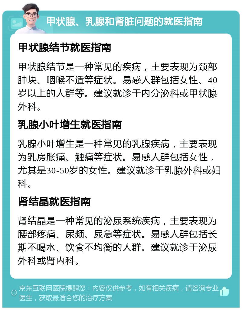 甲状腺、乳腺和肾脏问题的就医指南 甲状腺结节就医指南 甲状腺结节是一种常见的疾病，主要表现为颈部肿块、咽喉不适等症状。易感人群包括女性、40岁以上的人群等。建议就诊于内分泌科或甲状腺外科。 乳腺小叶增生就医指南 乳腺小叶增生是一种常见的乳腺疾病，主要表现为乳房胀痛、触痛等症状。易感人群包括女性，尤其是30-50岁的女性。建议就诊于乳腺外科或妇科。 肾结晶就医指南 肾结晶是一种常见的泌尿系统疾病，主要表现为腰部疼痛、尿频、尿急等症状。易感人群包括长期不喝水、饮食不均衡的人群。建议就诊于泌尿外科或肾内科。