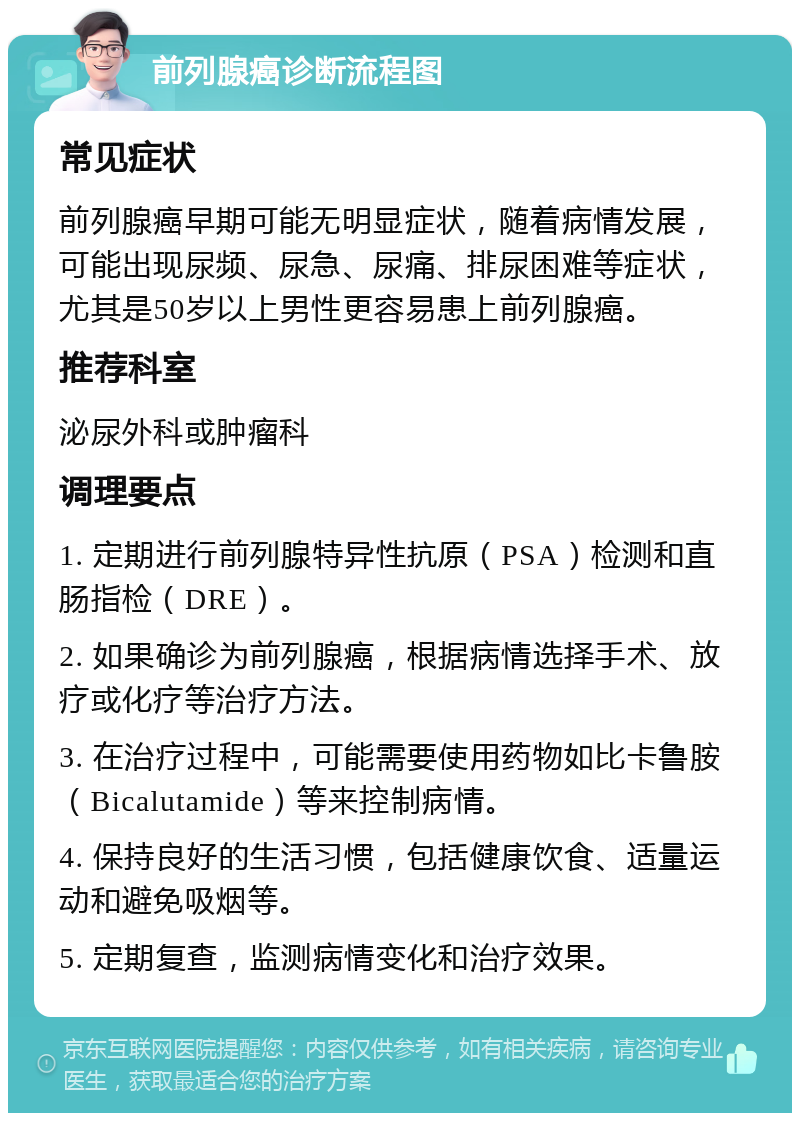 前列腺癌诊断流程图 常见症状 前列腺癌早期可能无明显症状，随着病情发展，可能出现尿频、尿急、尿痛、排尿困难等症状，尤其是50岁以上男性更容易患上前列腺癌。 推荐科室 泌尿外科或肿瘤科 调理要点 1. 定期进行前列腺特异性抗原（PSA）检测和直肠指检（DRE）。 2. 如果确诊为前列腺癌，根据病情选择手术、放疗或化疗等治疗方法。 3. 在治疗过程中，可能需要使用药物如比卡鲁胺（Bicalutamide）等来控制病情。 4. 保持良好的生活习惯，包括健康饮食、适量运动和避免吸烟等。 5. 定期复查，监测病情变化和治疗效果。