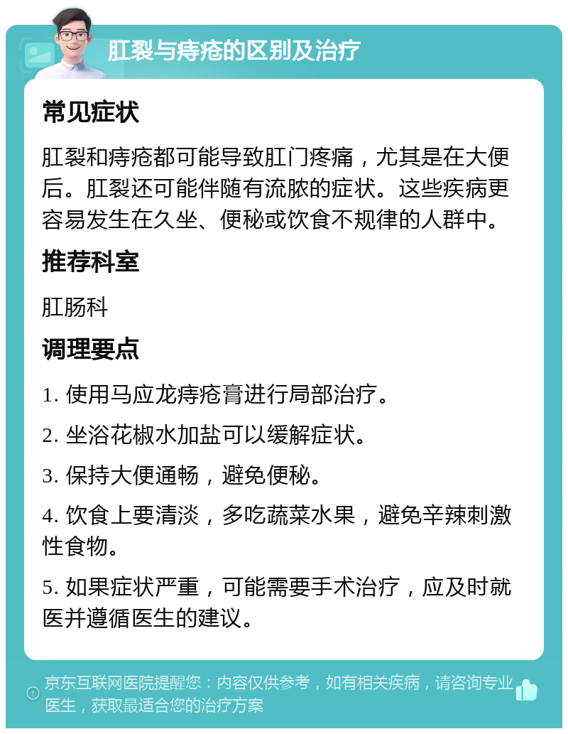 肛裂与痔疮的区别及治疗 常见症状 肛裂和痔疮都可能导致肛门疼痛，尤其是在大便后。肛裂还可能伴随有流脓的症状。这些疾病更容易发生在久坐、便秘或饮食不规律的人群中。 推荐科室 肛肠科 调理要点 1. 使用马应龙痔疮膏进行局部治疗。 2. 坐浴花椒水加盐可以缓解症状。 3. 保持大便通畅，避免便秘。 4. 饮食上要清淡，多吃蔬菜水果，避免辛辣刺激性食物。 5. 如果症状严重，可能需要手术治疗，应及时就医并遵循医生的建议。