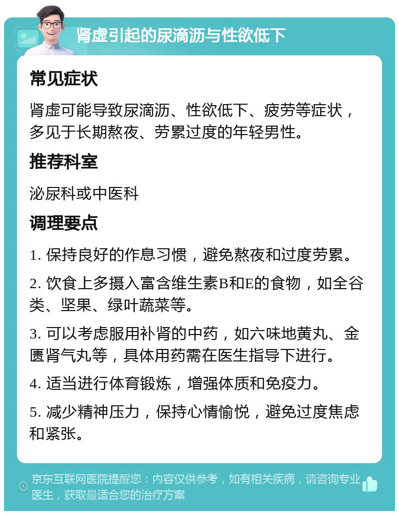 肾虚引起的尿滴沥与性欲低下 常见症状 肾虚可能导致尿滴沥、性欲低下、疲劳等症状，多见于长期熬夜、劳累过度的年轻男性。 推荐科室 泌尿科或中医科 调理要点 1. 保持良好的作息习惯，避免熬夜和过度劳累。 2. 饮食上多摄入富含维生素B和E的食物，如全谷类、坚果、绿叶蔬菜等。 3. 可以考虑服用补肾的中药，如六味地黄丸、金匮肾气丸等，具体用药需在医生指导下进行。 4. 适当进行体育锻炼，增强体质和免疫力。 5. 减少精神压力，保持心情愉悦，避免过度焦虑和紧张。