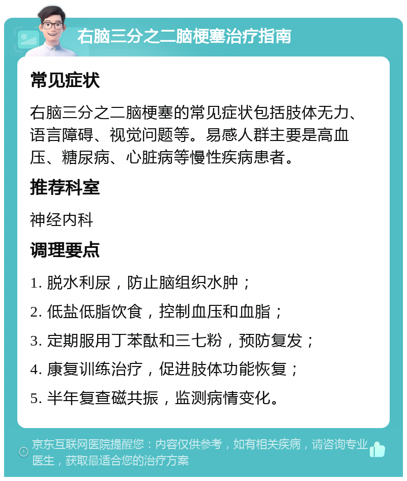 右脑三分之二脑梗塞治疗指南 常见症状 右脑三分之二脑梗塞的常见症状包括肢体无力、语言障碍、视觉问题等。易感人群主要是高血压、糖尿病、心脏病等慢性疾病患者。 推荐科室 神经内科 调理要点 1. 脱水利尿，防止脑组织水肿； 2. 低盐低脂饮食，控制血压和血脂； 3. 定期服用丁苯酞和三七粉，预防复发； 4. 康复训练治疗，促进肢体功能恢复； 5. 半年复查磁共振，监测病情变化。