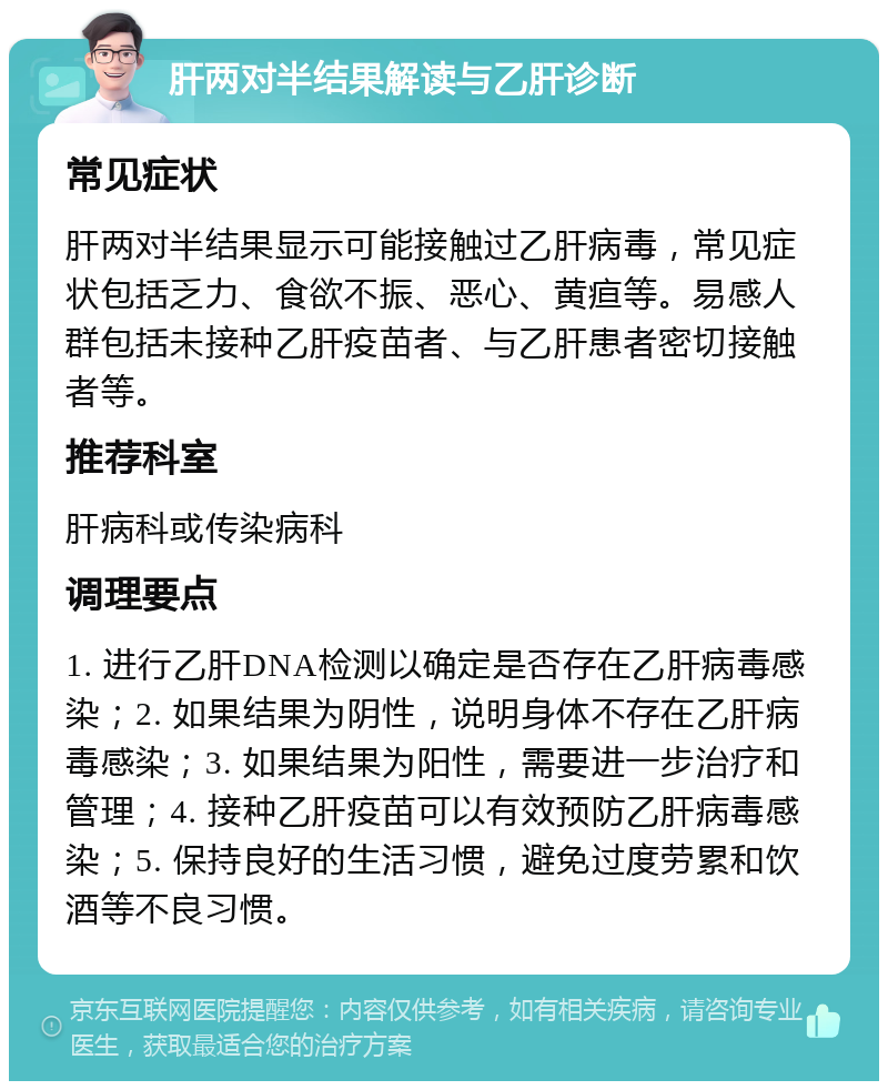 肝两对半结果解读与乙肝诊断 常见症状 肝两对半结果显示可能接触过乙肝病毒，常见症状包括乏力、食欲不振、恶心、黄疸等。易感人群包括未接种乙肝疫苗者、与乙肝患者密切接触者等。 推荐科室 肝病科或传染病科 调理要点 1. 进行乙肝DNA检测以确定是否存在乙肝病毒感染；2. 如果结果为阴性，说明身体不存在乙肝病毒感染；3. 如果结果为阳性，需要进一步治疗和管理；4. 接种乙肝疫苗可以有效预防乙肝病毒感染；5. 保持良好的生活习惯，避免过度劳累和饮酒等不良习惯。