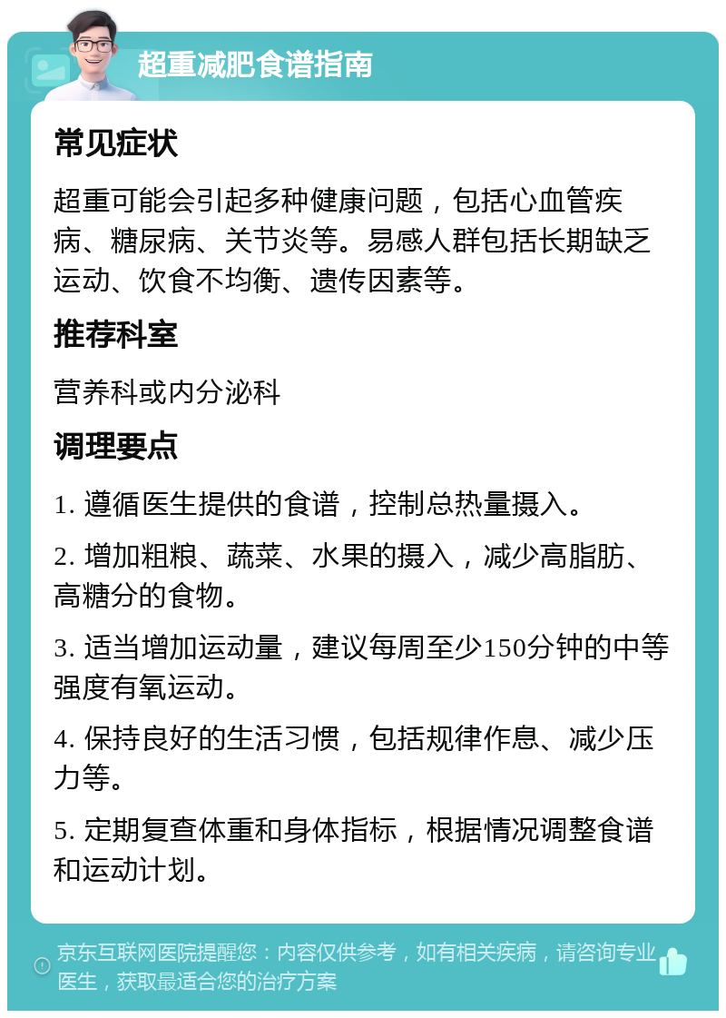 超重减肥食谱指南 常见症状 超重可能会引起多种健康问题，包括心血管疾病、糖尿病、关节炎等。易感人群包括长期缺乏运动、饮食不均衡、遗传因素等。 推荐科室 营养科或内分泌科 调理要点 1. 遵循医生提供的食谱，控制总热量摄入。 2. 增加粗粮、蔬菜、水果的摄入，减少高脂肪、高糖分的食物。 3. 适当增加运动量，建议每周至少150分钟的中等强度有氧运动。 4. 保持良好的生活习惯，包括规律作息、减少压力等。 5. 定期复查体重和身体指标，根据情况调整食谱和运动计划。