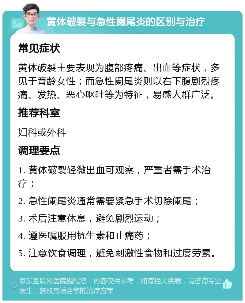 黄体破裂与急性阑尾炎的区别与治疗 常见症状 黄体破裂主要表现为腹部疼痛、出血等症状，多见于育龄女性；而急性阑尾炎则以右下腹剧烈疼痛、发热、恶心呕吐等为特征，易感人群广泛。 推荐科室 妇科或外科 调理要点 1. 黄体破裂轻微出血可观察，严重者需手术治疗； 2. 急性阑尾炎通常需要紧急手术切除阑尾； 3. 术后注意休息，避免剧烈运动； 4. 遵医嘱服用抗生素和止痛药； 5. 注意饮食调理，避免刺激性食物和过度劳累。