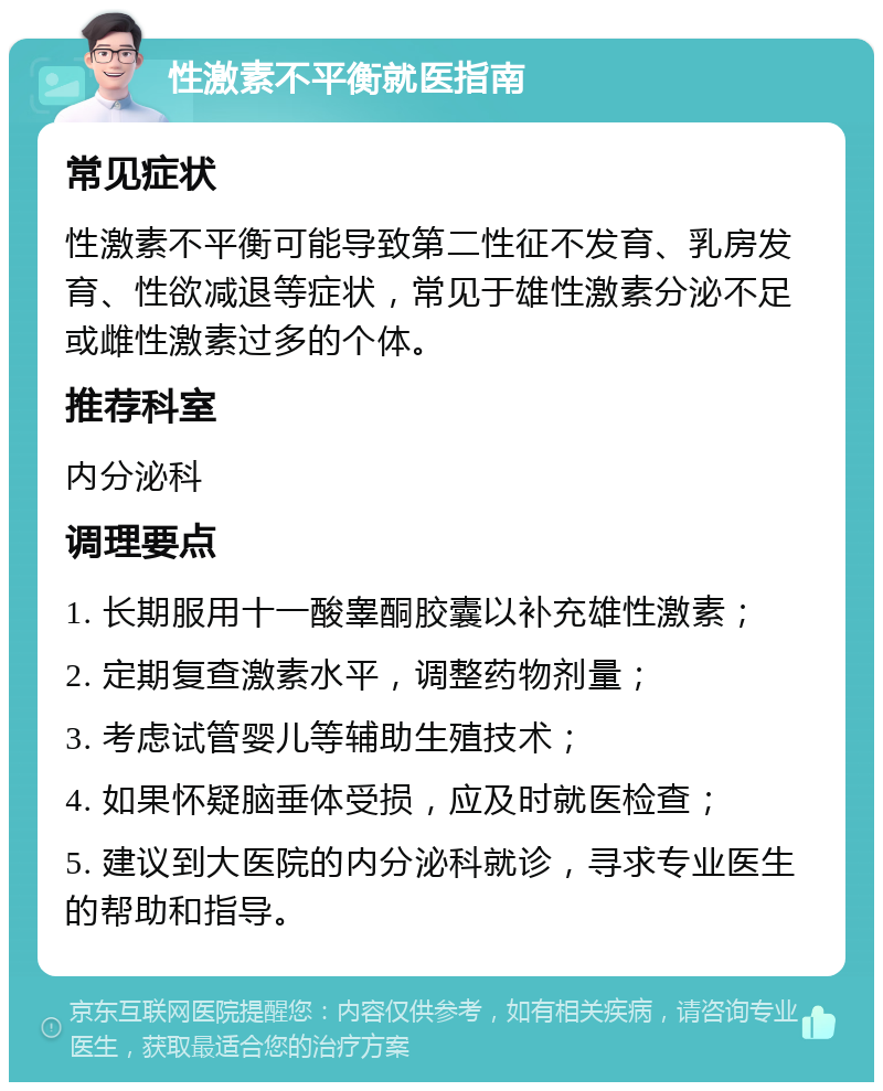 性激素不平衡就医指南 常见症状 性激素不平衡可能导致第二性征不发育、乳房发育、性欲减退等症状，常见于雄性激素分泌不足或雌性激素过多的个体。 推荐科室 内分泌科 调理要点 1. 长期服用十一酸睾酮胶囊以补充雄性激素； 2. 定期复查激素水平，调整药物剂量； 3. 考虑试管婴儿等辅助生殖技术； 4. 如果怀疑脑垂体受损，应及时就医检查； 5. 建议到大医院的内分泌科就诊，寻求专业医生的帮助和指导。