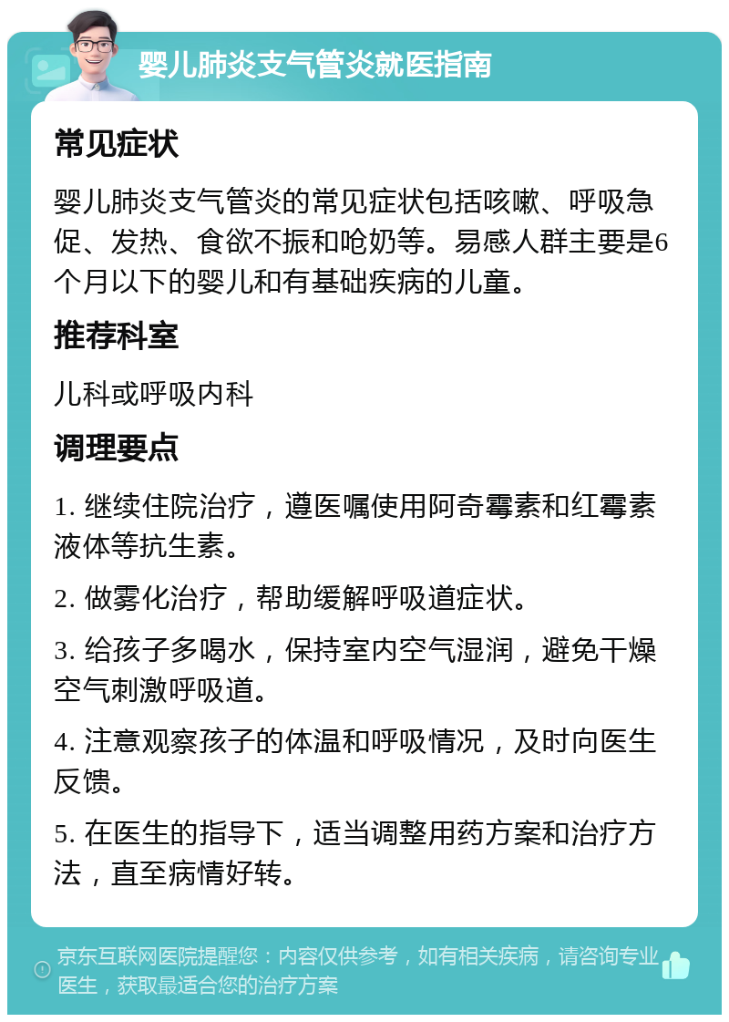 婴儿肺炎支气管炎就医指南 常见症状 婴儿肺炎支气管炎的常见症状包括咳嗽、呼吸急促、发热、食欲不振和呛奶等。易感人群主要是6个月以下的婴儿和有基础疾病的儿童。 推荐科室 儿科或呼吸内科 调理要点 1. 继续住院治疗，遵医嘱使用阿奇霉素和红霉素液体等抗生素。 2. 做雾化治疗，帮助缓解呼吸道症状。 3. 给孩子多喝水，保持室内空气湿润，避免干燥空气刺激呼吸道。 4. 注意观察孩子的体温和呼吸情况，及时向医生反馈。 5. 在医生的指导下，适当调整用药方案和治疗方法，直至病情好转。