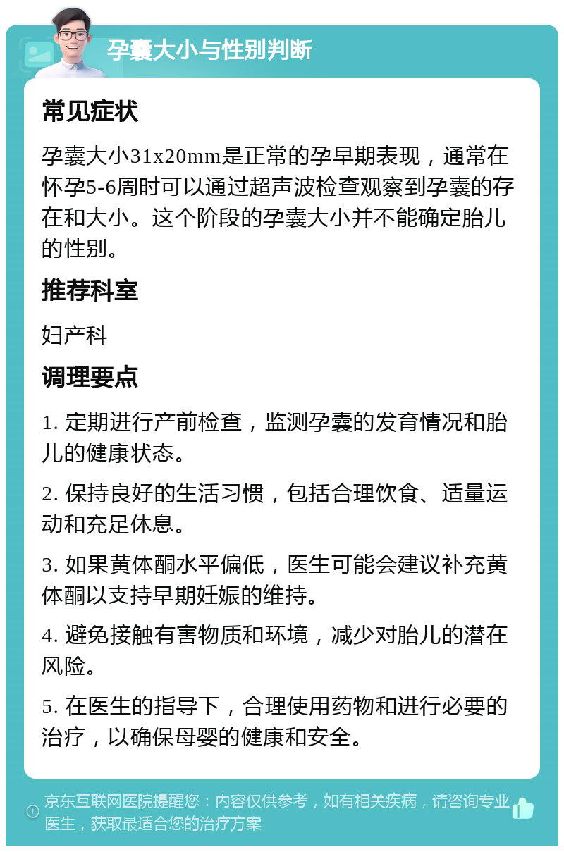 孕囊大小与性别判断 常见症状 孕囊大小31x20mm是正常的孕早期表现，通常在怀孕5-6周时可以通过超声波检查观察到孕囊的存在和大小。这个阶段的孕囊大小并不能确定胎儿的性别。 推荐科室 妇产科 调理要点 1. 定期进行产前检查，监测孕囊的发育情况和胎儿的健康状态。 2. 保持良好的生活习惯，包括合理饮食、适量运动和充足休息。 3. 如果黄体酮水平偏低，医生可能会建议补充黄体酮以支持早期妊娠的维持。 4. 避免接触有害物质和环境，减少对胎儿的潜在风险。 5. 在医生的指导下，合理使用药物和进行必要的治疗，以确保母婴的健康和安全。