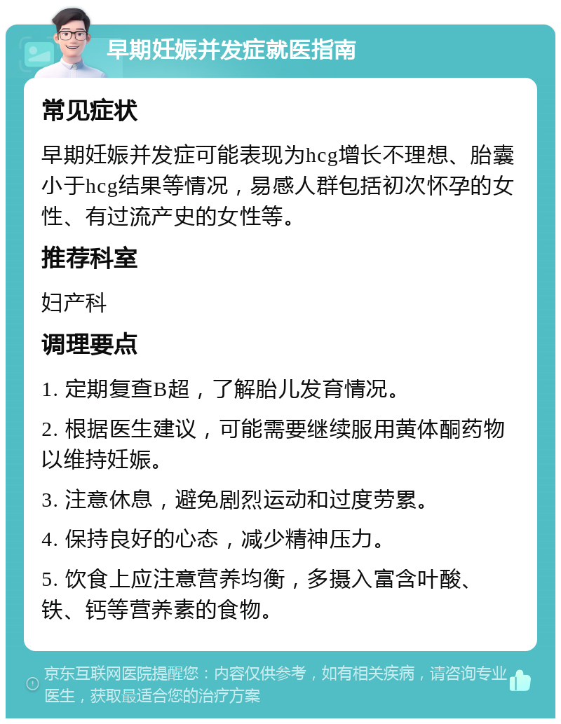 早期妊娠并发症就医指南 常见症状 早期妊娠并发症可能表现为hcg增长不理想、胎囊小于hcg结果等情况，易感人群包括初次怀孕的女性、有过流产史的女性等。 推荐科室 妇产科 调理要点 1. 定期复查B超，了解胎儿发育情况。 2. 根据医生建议，可能需要继续服用黄体酮药物以维持妊娠。 3. 注意休息，避免剧烈运动和过度劳累。 4. 保持良好的心态，减少精神压力。 5. 饮食上应注意营养均衡，多摄入富含叶酸、铁、钙等营养素的食物。