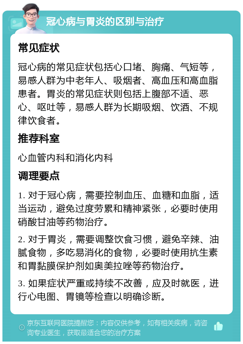 冠心病与胃炎的区别与治疗 常见症状 冠心病的常见症状包括心口堵、胸痛、气短等，易感人群为中老年人、吸烟者、高血压和高血脂患者。胃炎的常见症状则包括上腹部不适、恶心、呕吐等，易感人群为长期吸烟、饮酒、不规律饮食者。 推荐科室 心血管内科和消化内科 调理要点 1. 对于冠心病，需要控制血压、血糖和血脂，适当运动，避免过度劳累和精神紧张，必要时使用硝酸甘油等药物治疗。 2. 对于胃炎，需要调整饮食习惯，避免辛辣、油腻食物，多吃易消化的食物，必要时使用抗生素和胃黏膜保护剂如奥美拉唑等药物治疗。 3. 如果症状严重或持续不改善，应及时就医，进行心电图、胃镜等检查以明确诊断。