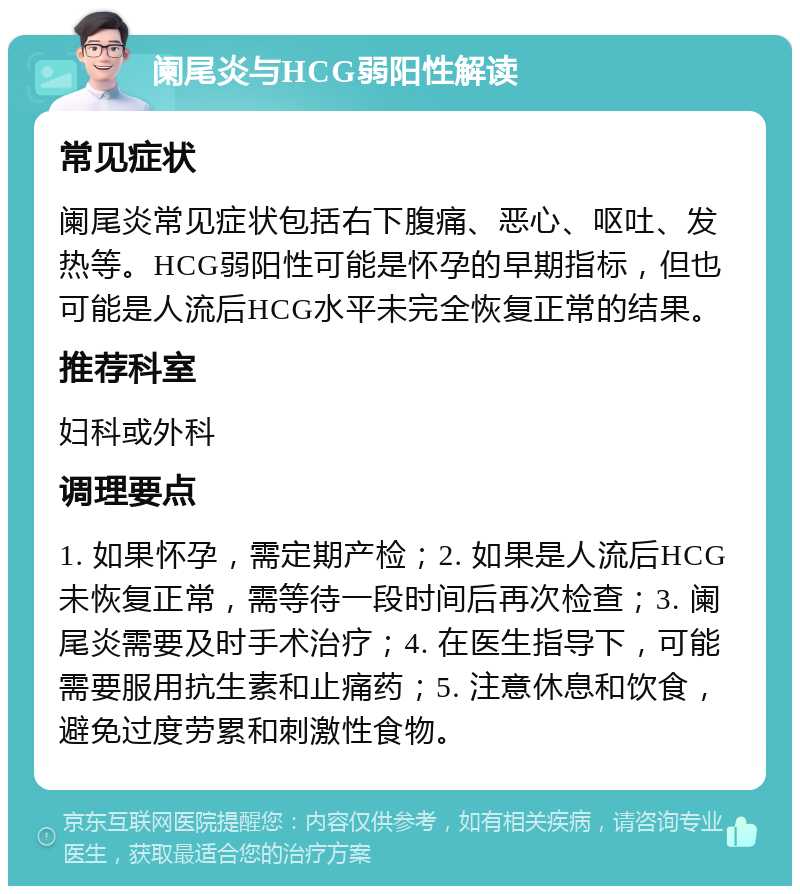 阑尾炎与HCG弱阳性解读 常见症状 阑尾炎常见症状包括右下腹痛、恶心、呕吐、发热等。HCG弱阳性可能是怀孕的早期指标，但也可能是人流后HCG水平未完全恢复正常的结果。 推荐科室 妇科或外科 调理要点 1. 如果怀孕，需定期产检；2. 如果是人流后HCG未恢复正常，需等待一段时间后再次检查；3. 阑尾炎需要及时手术治疗；4. 在医生指导下，可能需要服用抗生素和止痛药；5. 注意休息和饮食，避免过度劳累和刺激性食物。