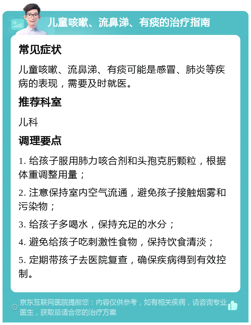 儿童咳嗽、流鼻涕、有痰的治疗指南 常见症状 儿童咳嗽、流鼻涕、有痰可能是感冒、肺炎等疾病的表现，需要及时就医。 推荐科室 儿科 调理要点 1. 给孩子服用肺力咳合剂和头孢克肟颗粒，根据体重调整用量； 2. 注意保持室内空气流通，避免孩子接触烟雾和污染物； 3. 给孩子多喝水，保持充足的水分； 4. 避免给孩子吃刺激性食物，保持饮食清淡； 5. 定期带孩子去医院复查，确保疾病得到有效控制。