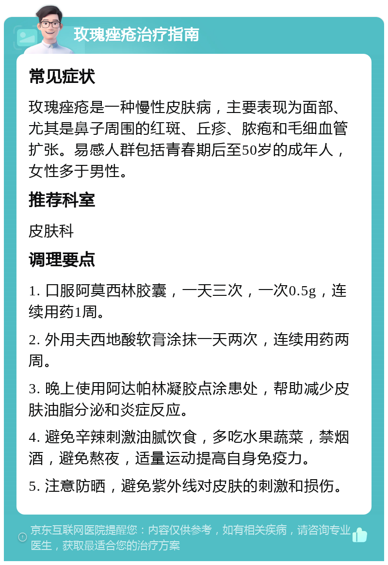 玫瑰痤疮治疗指南 常见症状 玫瑰痤疮是一种慢性皮肤病，主要表现为面部、尤其是鼻子周围的红斑、丘疹、脓疱和毛细血管扩张。易感人群包括青春期后至50岁的成年人，女性多于男性。 推荐科室 皮肤科 调理要点 1. 口服阿莫西林胶囊，一天三次，一次0.5g，连续用药1周。 2. 外用夫西地酸软膏涂抹一天两次，连续用药两周。 3. 晚上使用阿达帕林凝胶点涂患处，帮助减少皮肤油脂分泌和炎症反应。 4. 避免辛辣刺激油腻饮食，多吃水果蔬菜，禁烟酒，避免熬夜，适量运动提高自身免疫力。 5. 注意防晒，避免紫外线对皮肤的刺激和损伤。