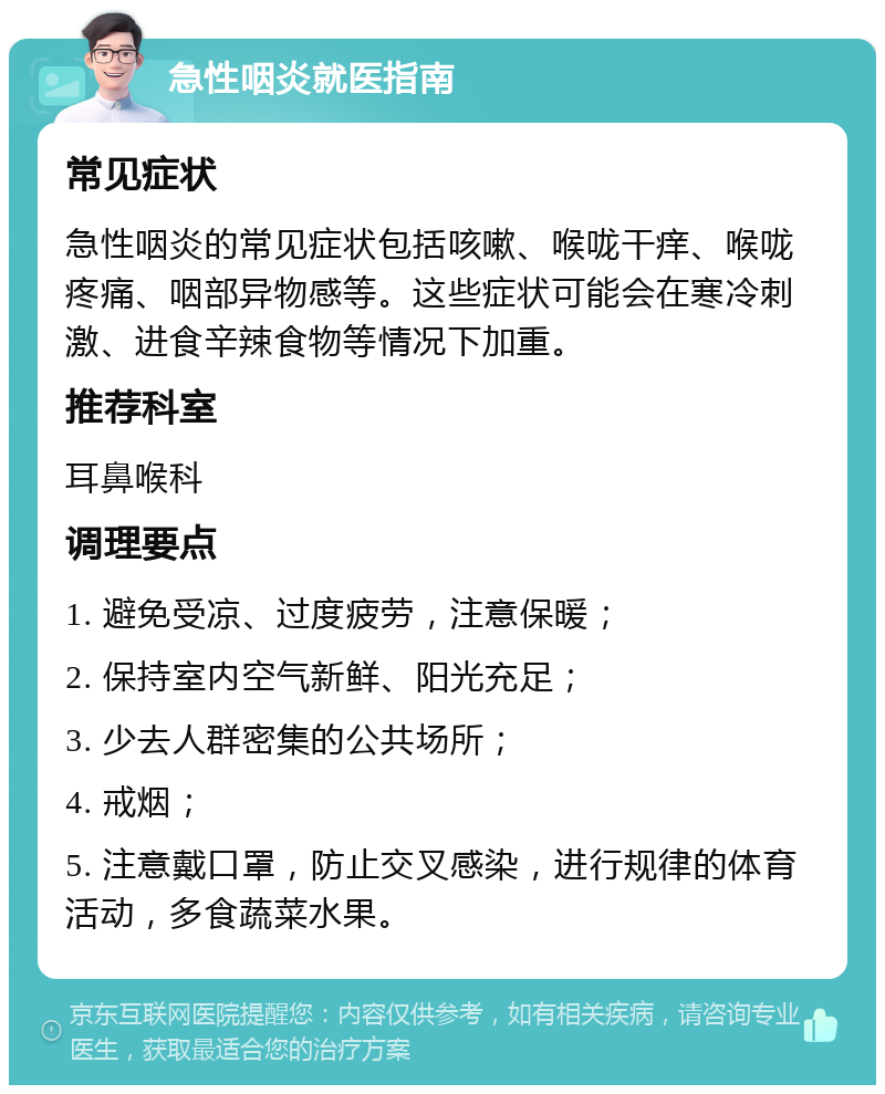 急性咽炎就医指南 常见症状 急性咽炎的常见症状包括咳嗽、喉咙干痒、喉咙疼痛、咽部异物感等。这些症状可能会在寒冷刺激、进食辛辣食物等情况下加重。 推荐科室 耳鼻喉科 调理要点 1. 避免受凉、过度疲劳，注意保暖； 2. 保持室内空气新鲜、阳光充足； 3. 少去人群密集的公共场所； 4. 戒烟； 5. 注意戴口罩，防止交叉感染，进行规律的体育活动，多食蔬菜水果。