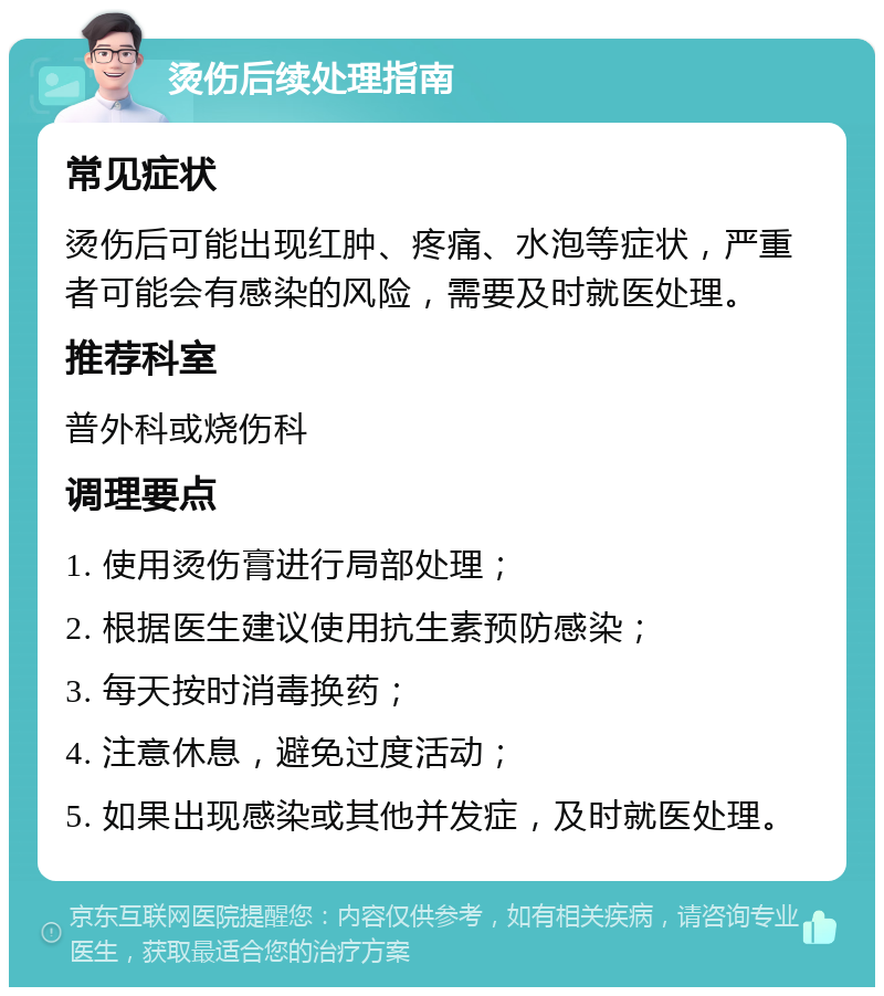 烫伤后续处理指南 常见症状 烫伤后可能出现红肿、疼痛、水泡等症状，严重者可能会有感染的风险，需要及时就医处理。 推荐科室 普外科或烧伤科 调理要点 1. 使用烫伤膏进行局部处理； 2. 根据医生建议使用抗生素预防感染； 3. 每天按时消毒换药； 4. 注意休息，避免过度活动； 5. 如果出现感染或其他并发症，及时就医处理。