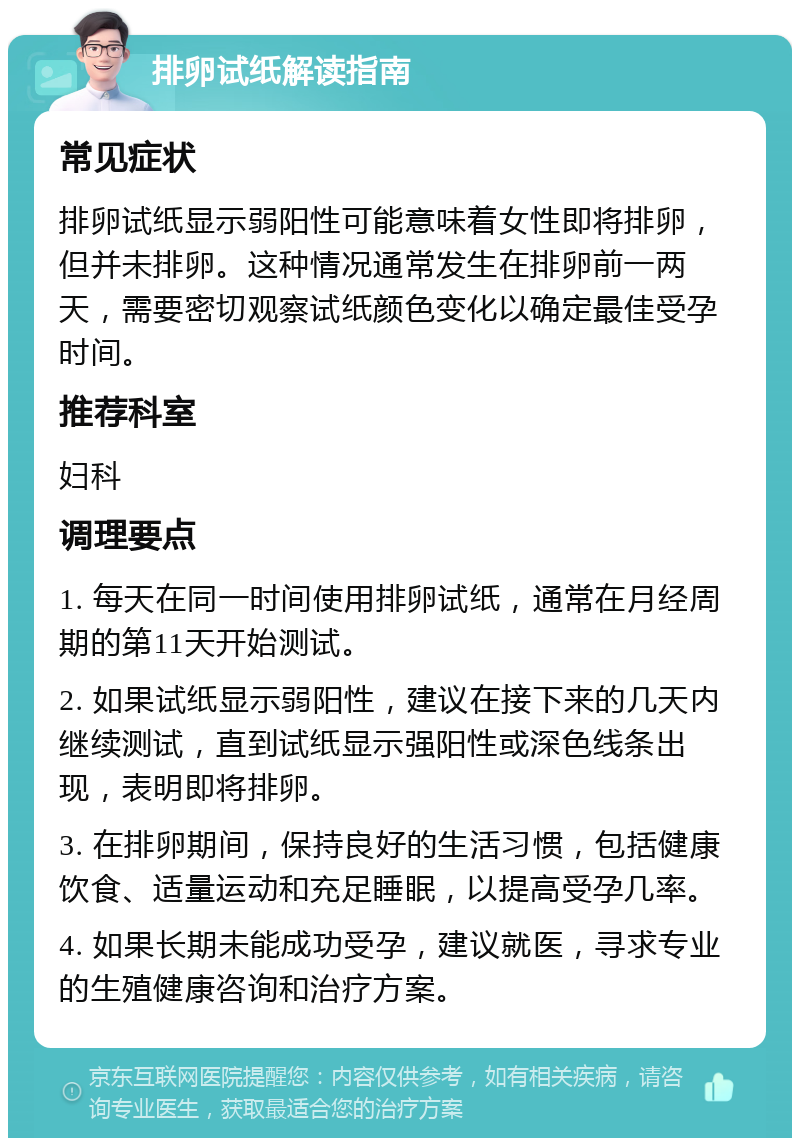 排卵试纸解读指南 常见症状 排卵试纸显示弱阳性可能意味着女性即将排卵，但并未排卵。这种情况通常发生在排卵前一两天，需要密切观察试纸颜色变化以确定最佳受孕时间。 推荐科室 妇科 调理要点 1. 每天在同一时间使用排卵试纸，通常在月经周期的第11天开始测试。 2. 如果试纸显示弱阳性，建议在接下来的几天内继续测试，直到试纸显示强阳性或深色线条出现，表明即将排卵。 3. 在排卵期间，保持良好的生活习惯，包括健康饮食、适量运动和充足睡眠，以提高受孕几率。 4. 如果长期未能成功受孕，建议就医，寻求专业的生殖健康咨询和治疗方案。