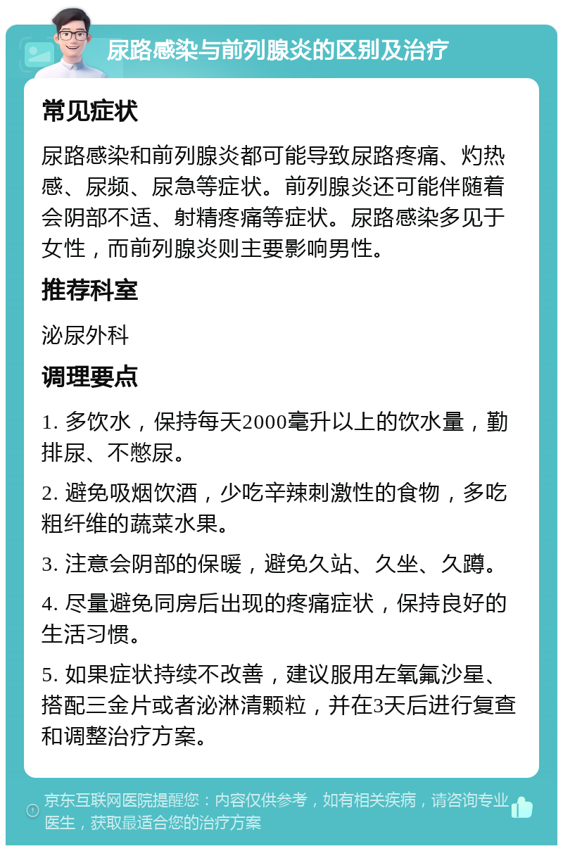 尿路感染与前列腺炎的区别及治疗 常见症状 尿路感染和前列腺炎都可能导致尿路疼痛、灼热感、尿频、尿急等症状。前列腺炎还可能伴随着会阴部不适、射精疼痛等症状。尿路感染多见于女性，而前列腺炎则主要影响男性。 推荐科室 泌尿外科 调理要点 1. 多饮水，保持每天2000毫升以上的饮水量，勤排尿、不憋尿。 2. 避免吸烟饮酒，少吃辛辣刺激性的食物，多吃粗纤维的蔬菜水果。 3. 注意会阴部的保暖，避免久站、久坐、久蹲。 4. 尽量避免同房后出现的疼痛症状，保持良好的生活习惯。 5. 如果症状持续不改善，建议服用左氧氟沙星、搭配三金片或者泌淋清颗粒，并在3天后进行复查和调整治疗方案。