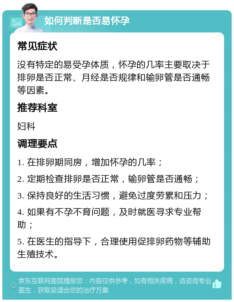 如何判断是否易怀孕 常见症状 没有特定的易受孕体质，怀孕的几率主要取决于排卵是否正常、月经是否规律和输卵管是否通畅等因素。 推荐科室 妇科 调理要点 1. 在排卵期同房，增加怀孕的几率； 2. 定期检查排卵是否正常，输卵管是否通畅； 3. 保持良好的生活习惯，避免过度劳累和压力； 4. 如果有不孕不育问题，及时就医寻求专业帮助； 5. 在医生的指导下，合理使用促排卵药物等辅助生殖技术。