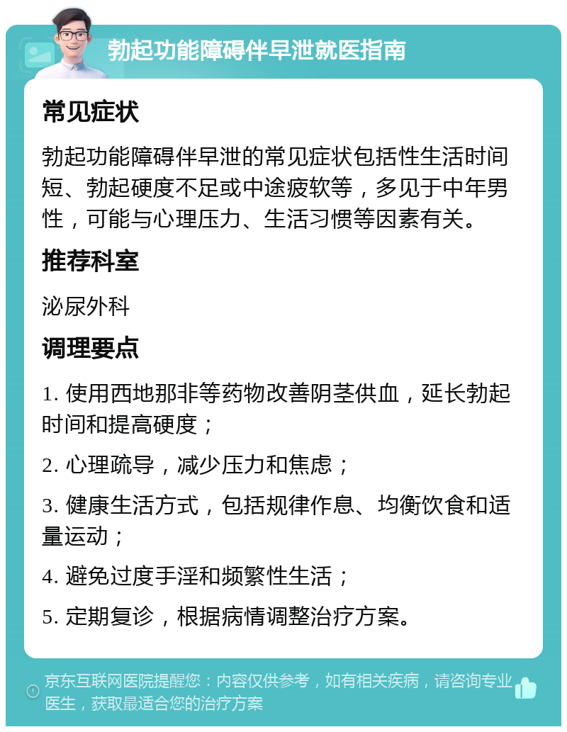 勃起功能障碍伴早泄就医指南 常见症状 勃起功能障碍伴早泄的常见症状包括性生活时间短、勃起硬度不足或中途疲软等，多见于中年男性，可能与心理压力、生活习惯等因素有关。 推荐科室 泌尿外科 调理要点 1. 使用西地那非等药物改善阴茎供血，延长勃起时间和提高硬度； 2. 心理疏导，减少压力和焦虑； 3. 健康生活方式，包括规律作息、均衡饮食和适量运动； 4. 避免过度手淫和频繁性生活； 5. 定期复诊，根据病情调整治疗方案。