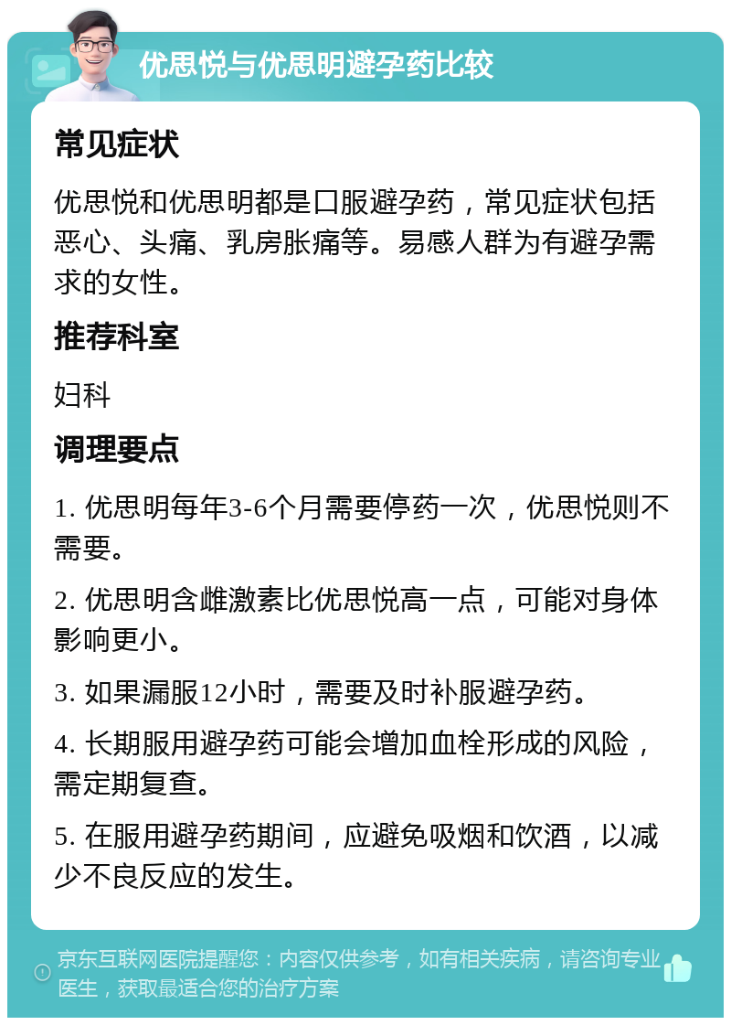 优思悦与优思明避孕药比较 常见症状 优思悦和优思明都是口服避孕药，常见症状包括恶心、头痛、乳房胀痛等。易感人群为有避孕需求的女性。 推荐科室 妇科 调理要点 1. 优思明每年3-6个月需要停药一次，优思悦则不需要。 2. 优思明含雌激素比优思悦高一点，可能对身体影响更小。 3. 如果漏服12小时，需要及时补服避孕药。 4. 长期服用避孕药可能会增加血栓形成的风险，需定期复查。 5. 在服用避孕药期间，应避免吸烟和饮酒，以减少不良反应的发生。