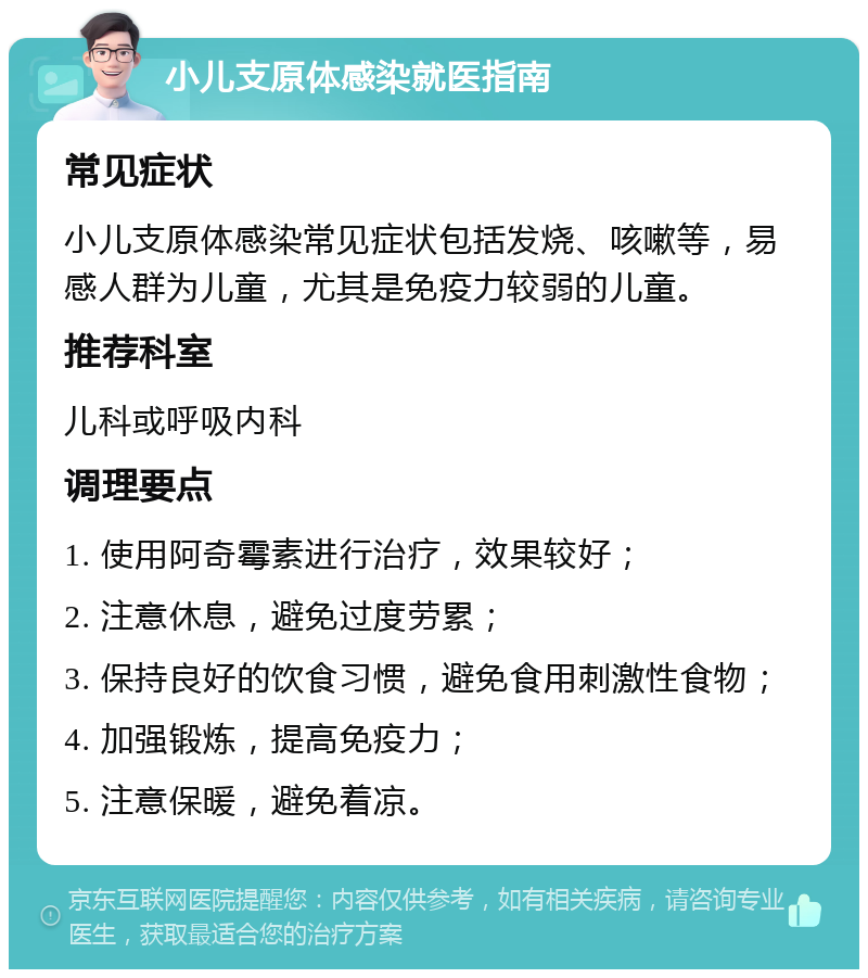 小儿支原体感染就医指南 常见症状 小儿支原体感染常见症状包括发烧、咳嗽等，易感人群为儿童，尤其是免疫力较弱的儿童。 推荐科室 儿科或呼吸内科 调理要点 1. 使用阿奇霉素进行治疗，效果较好； 2. 注意休息，避免过度劳累； 3. 保持良好的饮食习惯，避免食用刺激性食物； 4. 加强锻炼，提高免疫力； 5. 注意保暖，避免着凉。