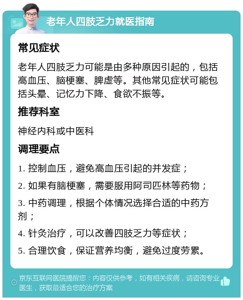 老年人四肢乏力就医指南 常见症状 老年人四肢乏力可能是由多种原因引起的，包括高血压、脑梗塞、脾虚等。其他常见症状可能包括头晕、记忆力下降、食欲不振等。 推荐科室 神经内科或中医科 调理要点 1. 控制血压，避免高血压引起的并发症； 2. 如果有脑梗塞，需要服用阿司匹林等药物； 3. 中药调理，根据个体情况选择合适的中药方剂； 4. 针灸治疗，可以改善四肢乏力等症状； 5. 合理饮食，保证营养均衡，避免过度劳累。