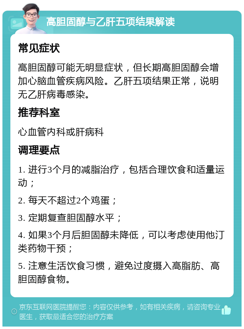 高胆固醇与乙肝五项结果解读 常见症状 高胆固醇可能无明显症状，但长期高胆固醇会增加心脑血管疾病风险。乙肝五项结果正常，说明无乙肝病毒感染。 推荐科室 心血管内科或肝病科 调理要点 1. 进行3个月的减脂治疗，包括合理饮食和适量运动； 2. 每天不超过2个鸡蛋； 3. 定期复查胆固醇水平； 4. 如果3个月后胆固醇未降低，可以考虑使用他汀类药物干预； 5. 注意生活饮食习惯，避免过度摄入高脂肪、高胆固醇食物。