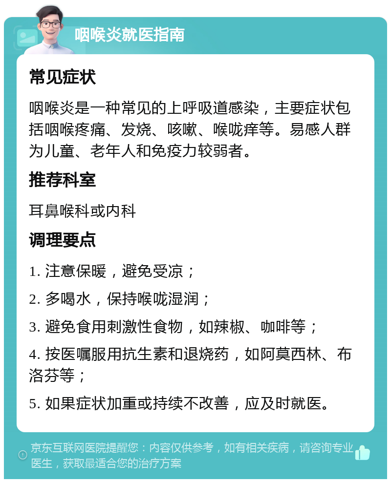 咽喉炎就医指南 常见症状 咽喉炎是一种常见的上呼吸道感染，主要症状包括咽喉疼痛、发烧、咳嗽、喉咙痒等。易感人群为儿童、老年人和免疫力较弱者。 推荐科室 耳鼻喉科或内科 调理要点 1. 注意保暖，避免受凉； 2. 多喝水，保持喉咙湿润； 3. 避免食用刺激性食物，如辣椒、咖啡等； 4. 按医嘱服用抗生素和退烧药，如阿莫西林、布洛芬等； 5. 如果症状加重或持续不改善，应及时就医。