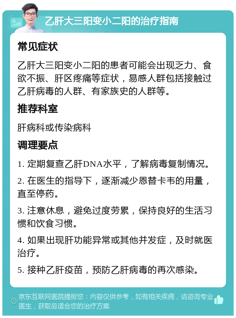 乙肝大三阳变小二阳的治疗指南 常见症状 乙肝大三阳变小二阳的患者可能会出现乏力、食欲不振、肝区疼痛等症状，易感人群包括接触过乙肝病毒的人群、有家族史的人群等。 推荐科室 肝病科或传染病科 调理要点 1. 定期复查乙肝DNA水平，了解病毒复制情况。 2. 在医生的指导下，逐渐减少恩替卡韦的用量，直至停药。 3. 注意休息，避免过度劳累，保持良好的生活习惯和饮食习惯。 4. 如果出现肝功能异常或其他并发症，及时就医治疗。 5. 接种乙肝疫苗，预防乙肝病毒的再次感染。