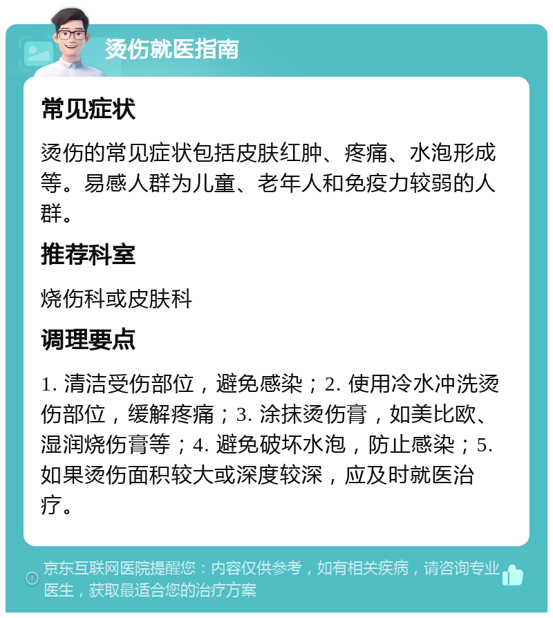 烫伤就医指南 常见症状 烫伤的常见症状包括皮肤红肿、疼痛、水泡形成等。易感人群为儿童、老年人和免疫力较弱的人群。 推荐科室 烧伤科或皮肤科 调理要点 1. 清洁受伤部位，避免感染；2. 使用冷水冲洗烫伤部位，缓解疼痛；3. 涂抹烫伤膏，如美比欧、湿润烧伤膏等；4. 避免破坏水泡，防止感染；5. 如果烫伤面积较大或深度较深，应及时就医治疗。