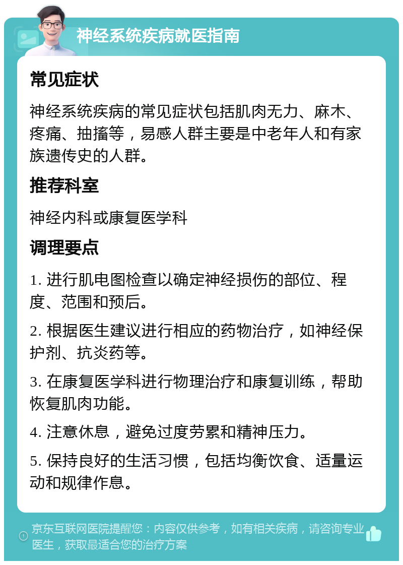 神经系统疾病就医指南 常见症状 神经系统疾病的常见症状包括肌肉无力、麻木、疼痛、抽搐等，易感人群主要是中老年人和有家族遗传史的人群。 推荐科室 神经内科或康复医学科 调理要点 1. 进行肌电图检查以确定神经损伤的部位、程度、范围和预后。 2. 根据医生建议进行相应的药物治疗，如神经保护剂、抗炎药等。 3. 在康复医学科进行物理治疗和康复训练，帮助恢复肌肉功能。 4. 注意休息，避免过度劳累和精神压力。 5. 保持良好的生活习惯，包括均衡饮食、适量运动和规律作息。