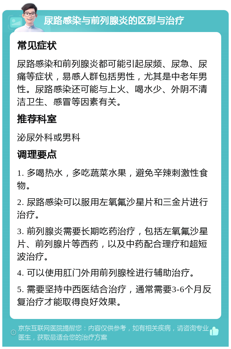 尿路感染与前列腺炎的区别与治疗 常见症状 尿路感染和前列腺炎都可能引起尿频、尿急、尿痛等症状，易感人群包括男性，尤其是中老年男性。尿路感染还可能与上火、喝水少、外阴不清洁卫生、感冒等因素有关。 推荐科室 泌尿外科或男科 调理要点 1. 多喝热水，多吃蔬菜水果，避免辛辣刺激性食物。 2. 尿路感染可以服用左氧氟沙星片和三金片进行治疗。 3. 前列腺炎需要长期吃药治疗，包括左氧氟沙星片、前列腺片等西药，以及中药配合理疗和超短波治疗。 4. 可以使用肛门外用前列腺栓进行辅助治疗。 5. 需要坚持中西医结合治疗，通常需要3-6个月反复治疗才能取得良好效果。