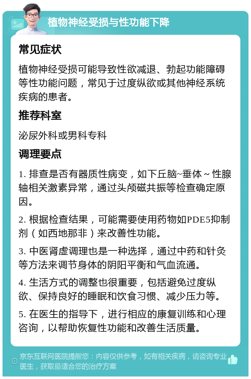 植物神经受损与性功能下降 常见症状 植物神经受损可能导致性欲减退、勃起功能障碍等性功能问题，常见于过度纵欲或其他神经系统疾病的患者。 推荐科室 泌尿外科或男科专科 调理要点 1. 排查是否有器质性病变，如下丘脑~垂体～性腺轴相关激素异常，通过头颅磁共振等检查确定原因。 2. 根据检查结果，可能需要使用药物如PDE5抑制剂（如西地那非）来改善性功能。 3. 中医肾虚调理也是一种选择，通过中药和针灸等方法来调节身体的阴阳平衡和气血流通。 4. 生活方式的调整也很重要，包括避免过度纵欲、保持良好的睡眠和饮食习惯、减少压力等。 5. 在医生的指导下，进行相应的康复训练和心理咨询，以帮助恢复性功能和改善生活质量。