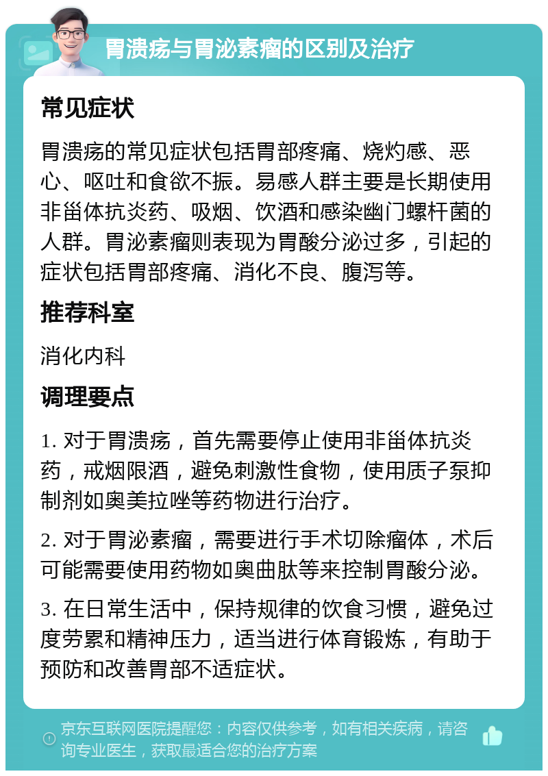 胃溃疡与胃泌素瘤的区别及治疗 常见症状 胃溃疡的常见症状包括胃部疼痛、烧灼感、恶心、呕吐和食欲不振。易感人群主要是长期使用非甾体抗炎药、吸烟、饮酒和感染幽门螺杆菌的人群。胃泌素瘤则表现为胃酸分泌过多，引起的症状包括胃部疼痛、消化不良、腹泻等。 推荐科室 消化内科 调理要点 1. 对于胃溃疡，首先需要停止使用非甾体抗炎药，戒烟限酒，避免刺激性食物，使用质子泵抑制剂如奥美拉唑等药物进行治疗。 2. 对于胃泌素瘤，需要进行手术切除瘤体，术后可能需要使用药物如奥曲肽等来控制胃酸分泌。 3. 在日常生活中，保持规律的饮食习惯，避免过度劳累和精神压力，适当进行体育锻炼，有助于预防和改善胃部不适症状。