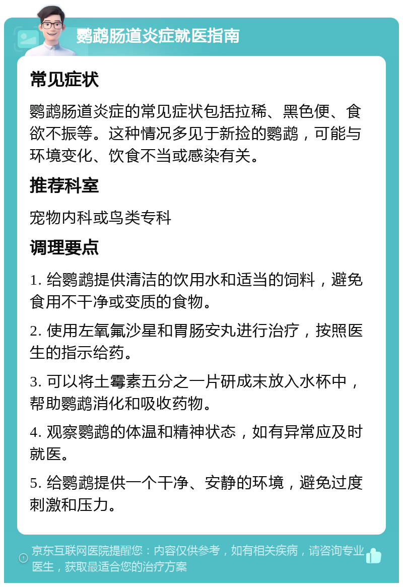 鹦鹉肠道炎症就医指南 常见症状 鹦鹉肠道炎症的常见症状包括拉稀、黑色便、食欲不振等。这种情况多见于新捡的鹦鹉，可能与环境变化、饮食不当或感染有关。 推荐科室 宠物内科或鸟类专科 调理要点 1. 给鹦鹉提供清洁的饮用水和适当的饲料，避免食用不干净或变质的食物。 2. 使用左氧氟沙星和胃肠安丸进行治疗，按照医生的指示给药。 3. 可以将土霉素五分之一片研成末放入水杯中，帮助鹦鹉消化和吸收药物。 4. 观察鹦鹉的体温和精神状态，如有异常应及时就医。 5. 给鹦鹉提供一个干净、安静的环境，避免过度刺激和压力。